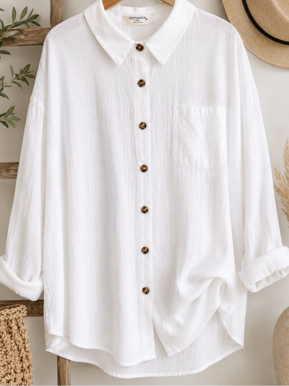 HOTOUCH White Cotton Button Down XXL  Collared Shirt Top Coastal Minimalist